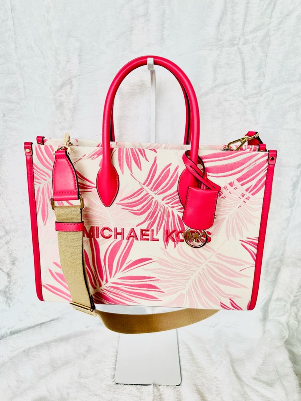 Michael Kors Pink and Cream Palm-Print Tote
